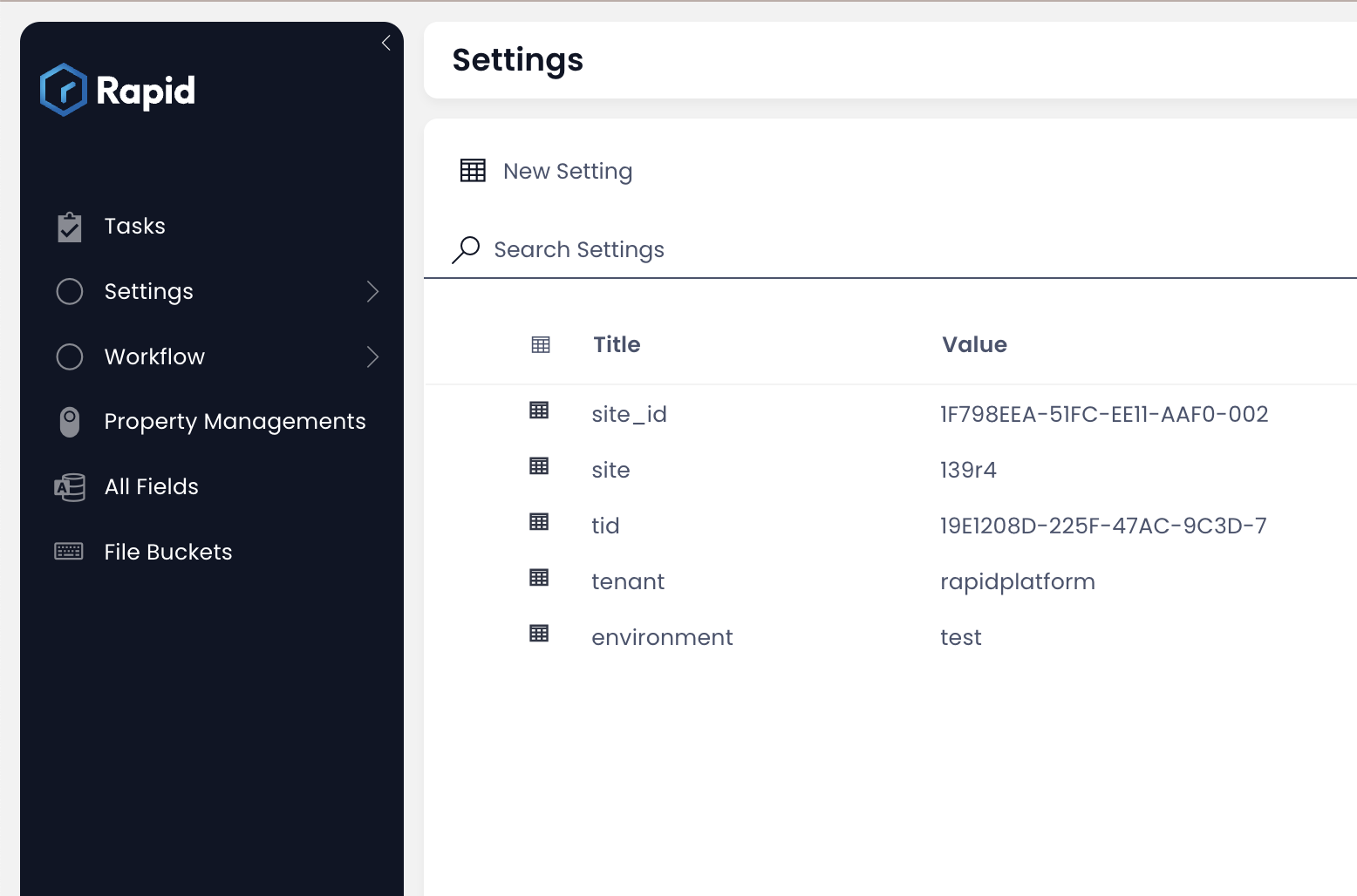 Image showing data in explorer for Settings table